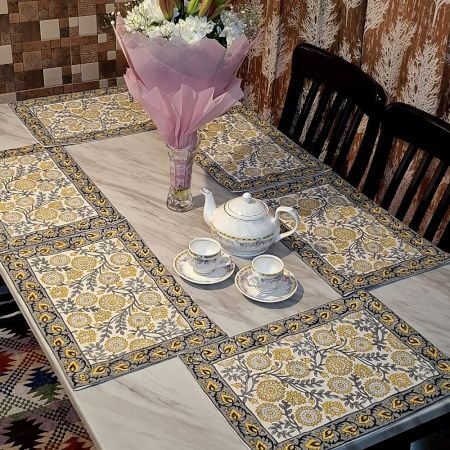 Yellow Floral Handmade Canvas Cotton Table Mat Set